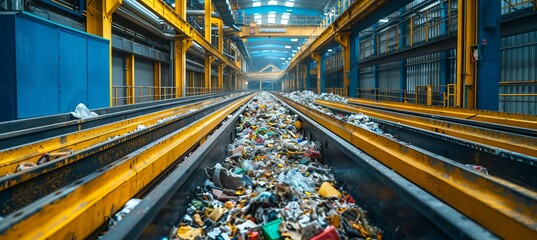 Pile of trash waste om conveyer belt at treatment disposal plant. Generative AI technology. - obrazy, fototapety, plakaty