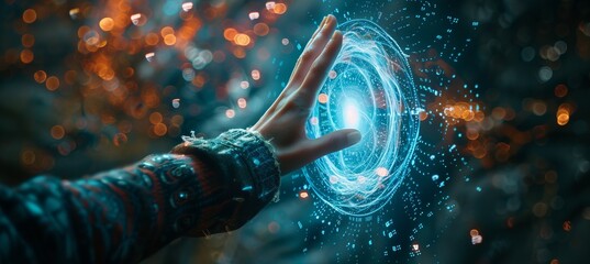 Hand with spell magic. Generative AI technology. - obrazy, fototapety, plakaty