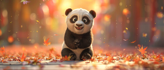 Joyful Panda Cub in Autumn Leaves - obrazy, fototapety, plakaty