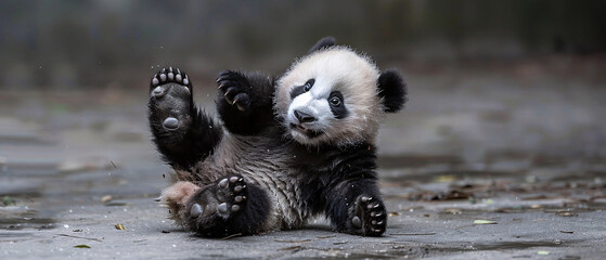 Playful Panda Cub Tumbling on Ground