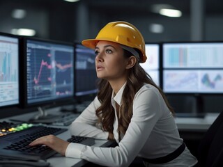 female engineer sitting at a desk in a control room, Women engineer operator Using Scada system modern technology. Engineers follow assembly process watching various graphs and charts on the monitors