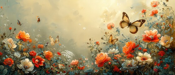 Fototapeta na wymiar Oil painting-style illustration featuring white and red flowers and butterflies. Spring background