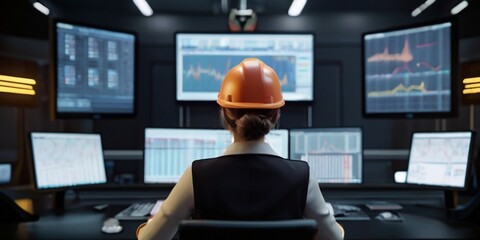 female engineer sitting at a desk in a control room, Women engineer operator Using Scada system modern technology. Engineers follow assembly process watching various graphs and charts on the monitors - obrazy, fototapety, plakaty