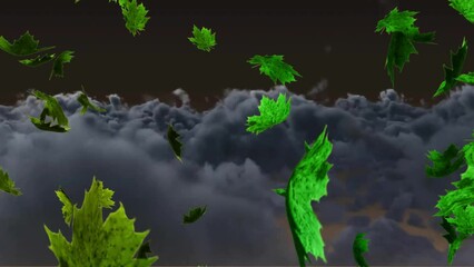 Animation of green leaves blowing over storm clouds in night sky - Powered by Adobe