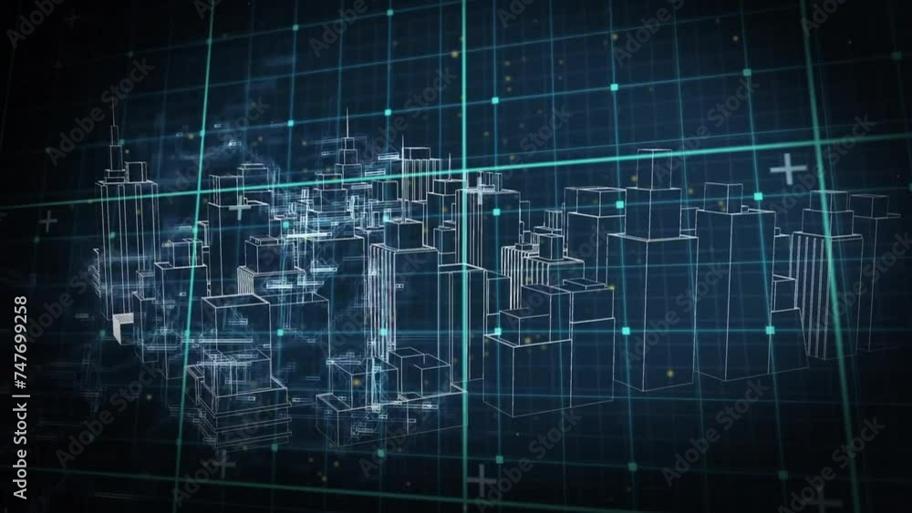 Poster animation of cityscape and data processing over grid on dark background