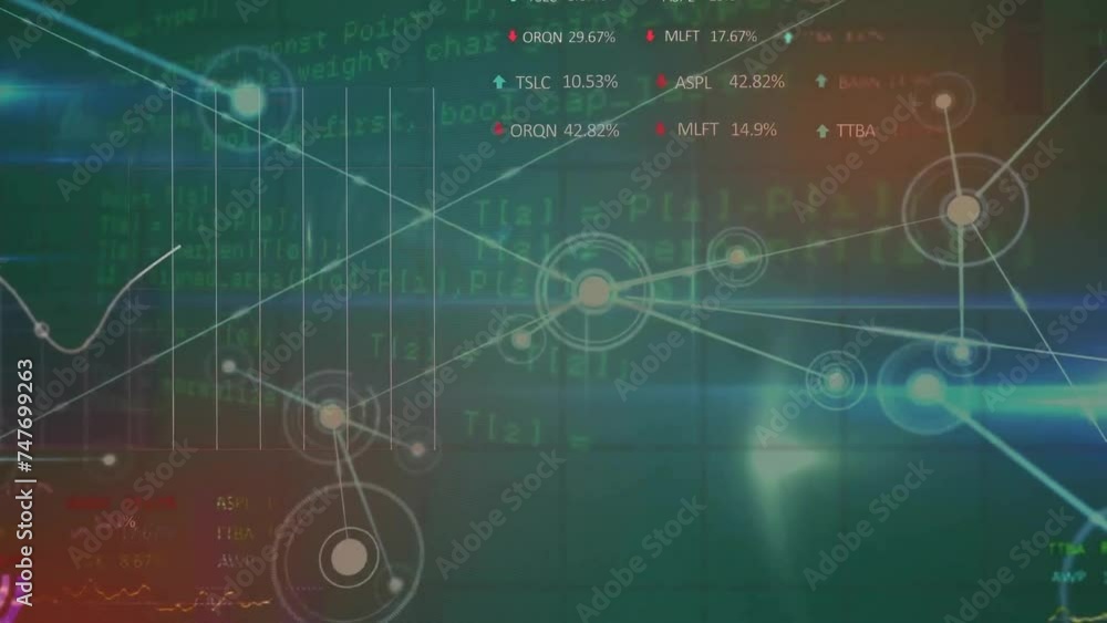 Aufkleber animation of network and data processing over grid on dark background