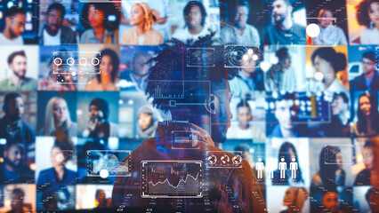 Back view of a business person analyzing interactive screens, network of global communications.