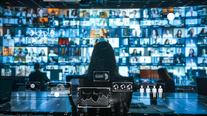 Back view of a business person analyzing interactive screens, network of global communications.