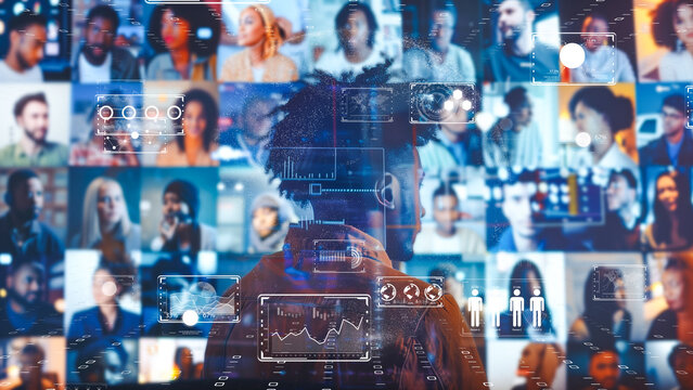 Back view of a business person analyzing interactive screens, network of global communications.