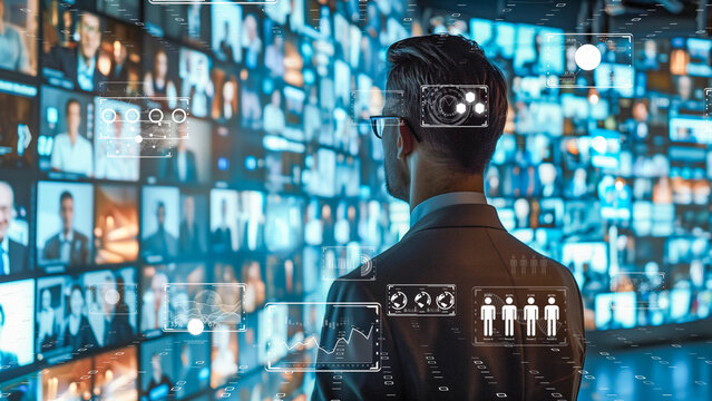 Back view of a business person analyzing interactive screens, network of global communications.