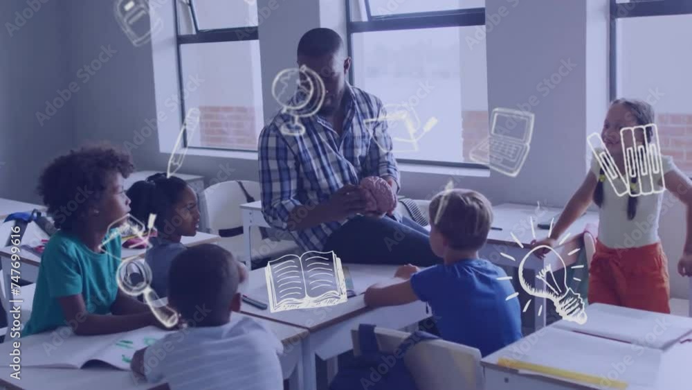 Sticker Animation of school icons over diverse male teacher and schoolchildren in classroom