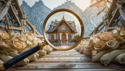 church of the holy sepulchre, magnifying glass on the roof of house, Real estate to buy and invest in. House searching concept with magnifying glass. Hunt for new house, Searching new house for purcha - obrazy, fototapety, plakaty