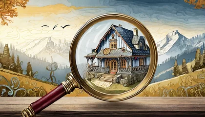 Fotobehang magnifying glass on the roof of house, Real estate to buy and invest in. House searching concept with magnifying glass. Hunt for new house, Searching new house for purchase © Bilal
