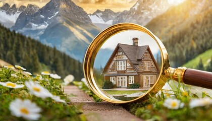 magnifying glass on the roof of house, Real estate to buy and invest in. House searching concept with magnifying glass. Hunt for new house, Searching new house for purchase - obrazy, fototapety, plakaty