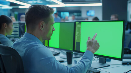Corporate Worker Pointing at Green Screen Monitor During Night Shift in Technology Office