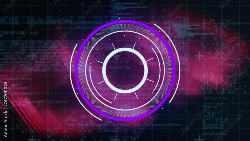 Poster animation of circular scanner and data processing over red clouds on black background