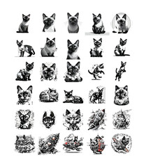 Siamese cat black and white icons set