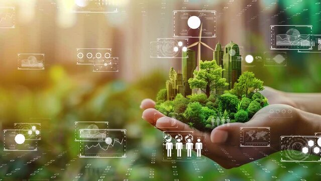 Sustainable technology theme with a holographic globe in nature, urban backdrop, eco-friendly innovation. Digital transformation of the environment.