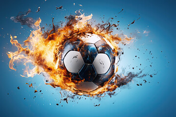 burning football soccer ball on fire is flying on blue isolated background. Sport burn element...