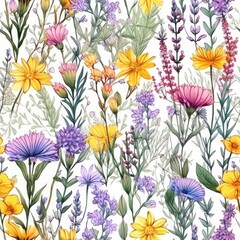 Seamless pattern with watercolor lavender and wildflowers
