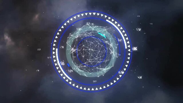 Animation of circular scanner processing over global network over electric storm at night