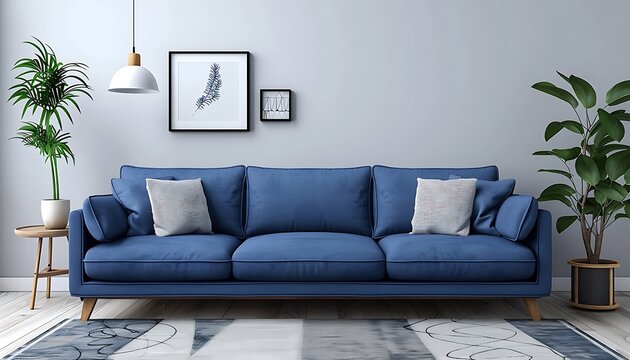 "Scandinavian Apartment Interior - Dark Blue Sofa and Recliner Chair in Modern Living Room Stock Image"