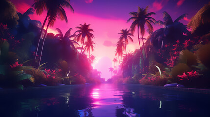 Fototapeta na wymiar Sunset on the beach with neon color style look, Illustration.
