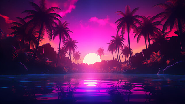 Sunset on the beach with neon color style look, Illustration.