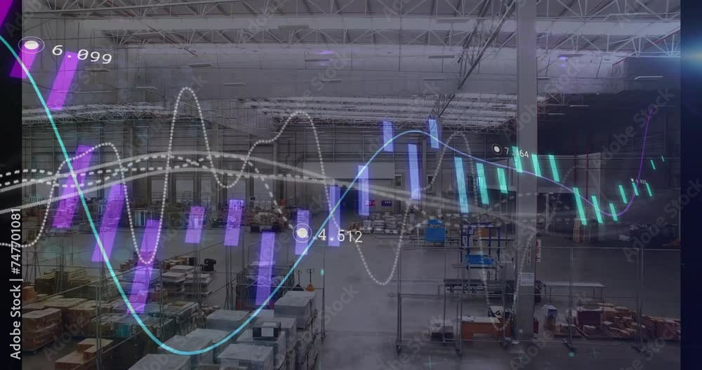 Poster animation of graphs and processing data over goods warehouse