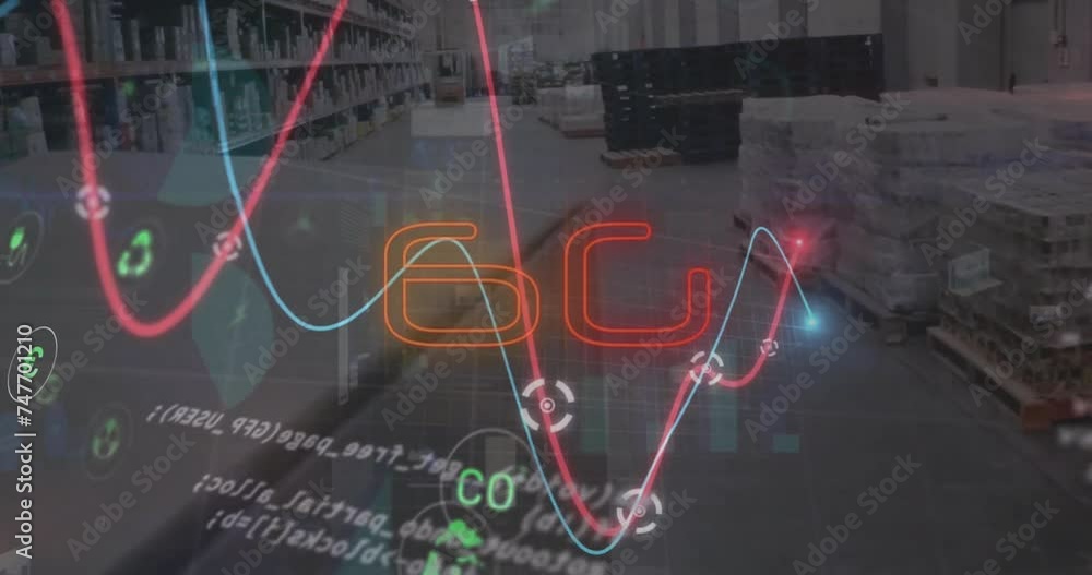 Aufkleber animation of 6g text and graph and processing data over goods warehouse