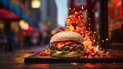 Chicken burger with a red chili leaps out of a perfectly crafted burger, leaving behind a trail of fiery sparks. 