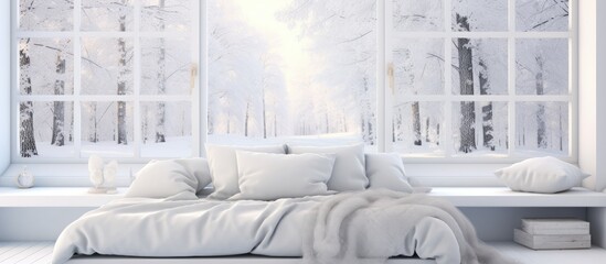 A minimalist white room featuring a large window that showcases a winter landscape outside. The room contains a simple white bed, embodying Scandinavian interior design aesthetic.