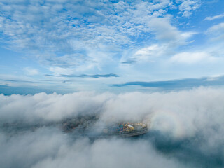 Ocean Flower Island in Zhanzhou, Hainan, China in the early morning white fog