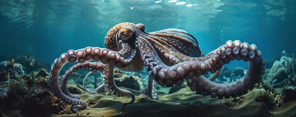 Fototapeta premium Giant octopus swimming in the clear ocean water