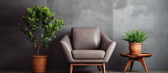 A stylish interior featuring a gray textured plaster wall with a panel of untreated wood. In the foreground, a comfortable leather armchair is placed next to a potted ornamental plant,