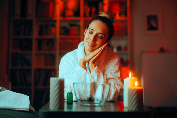 Happy Woman Ready for a Steam Bath Skin Care Ritual. Cheerful lady preparing a facial treatment with natural ingredients

