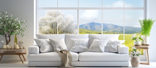 A white couch sits in a living room with a large window, allowing in natural light and offering a view of a summer landscape.