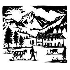 Swiss scherenschnitte scissors cut illustration of silhouette of Gantrisch Nature Park with chalet, farmer, cow, goat between Bern, Thun and Freiburg Switzerland in paper cut or decoupage style. - 747702059