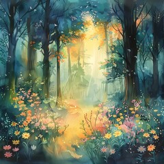 watercolor woodlands a fantasy forest painting with sunlight and flowers during sunset
