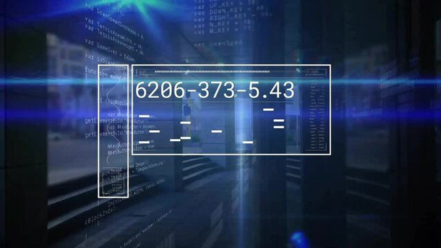 Animation of numeric data processing on screen over blue lights and coding