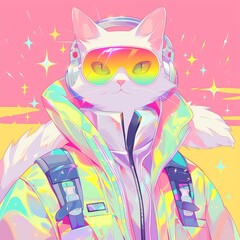 Fantasy character with a cat head and headphones, a reflective jacket, and colorful design. Created with Generative AI technology