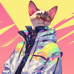 Fantasy Character with a cat head, reflective jacket, and colorful design. Created with Generative AI technology