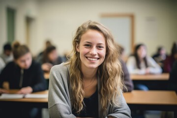 Fototapeta premium Happy caucasian female student in the college class