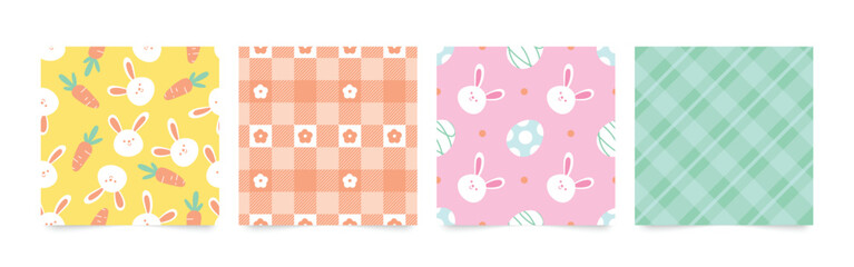 Happy Easter seamless pattern vector. Set of square cover design with easter egg, rabbit, flower. Spring season repeated in fabric pattern for prints, wallpaper, cover, packaging, kids, ads.