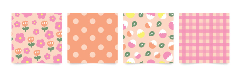 Happy Easter seamless pattern vector. Set of square cover design with easter egg, flower, foliage. Spring season repeated in fabric pattern for prints, wallpaper, cover, packaging, kids, ads.