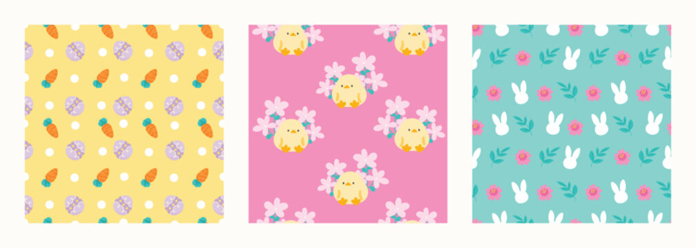 Happy Easter seamless pattern vector. Set of square cover design with easter egg, flower, rabbit, chick. Spring season repeated in fabric pattern for prints, wallpaper, cover, packaging, kids, ads.