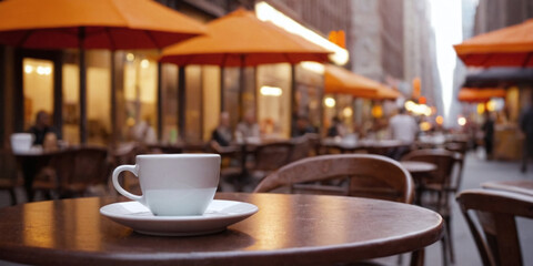A solitary cup of coffee sits on a wooden table at a street café, embodying the quintessential European café culture. The backdrop of a bustling city street.