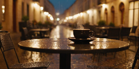 Obraz premium A solitary cup of coffee sits on a wooden table at a street café, embodying the quintessential European café culture. The backdrop of a bustling city street.