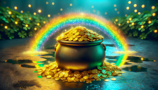 a holiday Ireland season rainbow pot gold lucky shamrock st patricks day Irish luck clover march leprechaun golden celtic decoration promotion saint event green party background culture spring