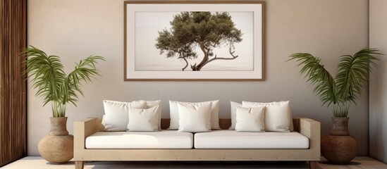 A contemporary living room featuring a white couch adorned with colorful cushions, accompanied by two potted plants placed strategically in the room.